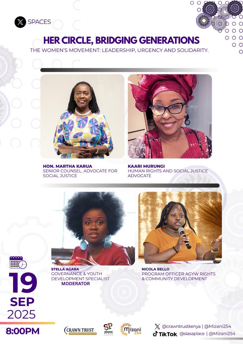 Don't miss today's session in association with <a href="/crawntrustkenya/">CRAWN TRUST</a>

1. Hon. Martha Karua <a href="/MarthaKarua/">Martha Karua PLP President in Waiting</a>
2. Kaari Murungi -<a href="/kaari_murungi/">kaarí murungí</a>
3. Nicole Bello
4. Stella Agara -<a href="/NyarAgara/">Stella Agara</a>
#PURPOSEDRIVENLEADERSHIP2025 
#Mizani254 where the scales of balance are restored and meaningful