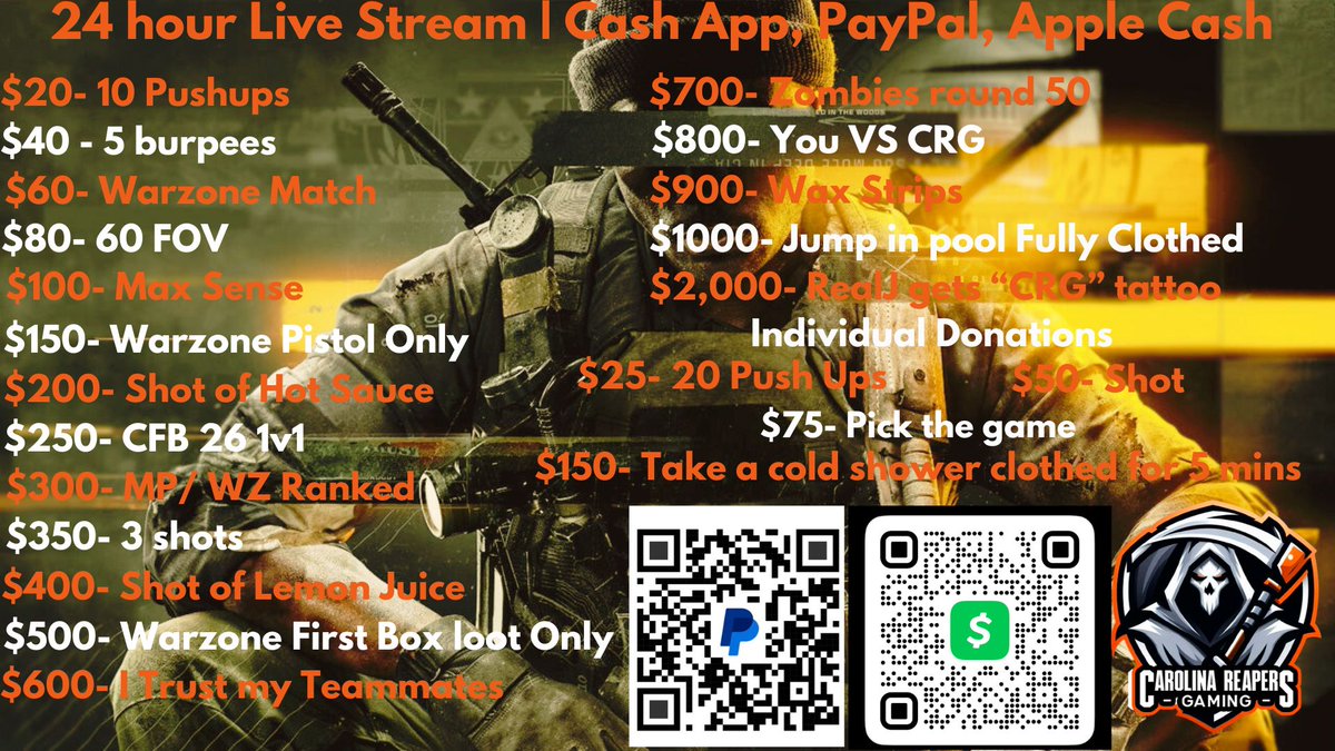 Your Carolina Reapers Gaming will be doing a 24 hour Live stream starting tomorrow! Tune in and help support your CRG Squad!!