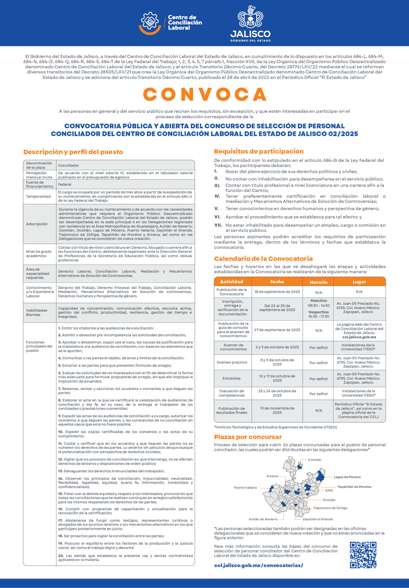 ¡Ya está abierta la convocatoria para elegir a personal conciliador del CCL Jalisco!

📅 Regístrate de manera PRESENCIAL del 22 al 25 de septiembre de 2025

👉 Checa todos los requisitos y la convocatoria completa aquí: ccl.jalisco.gob.mx/convocatorias/