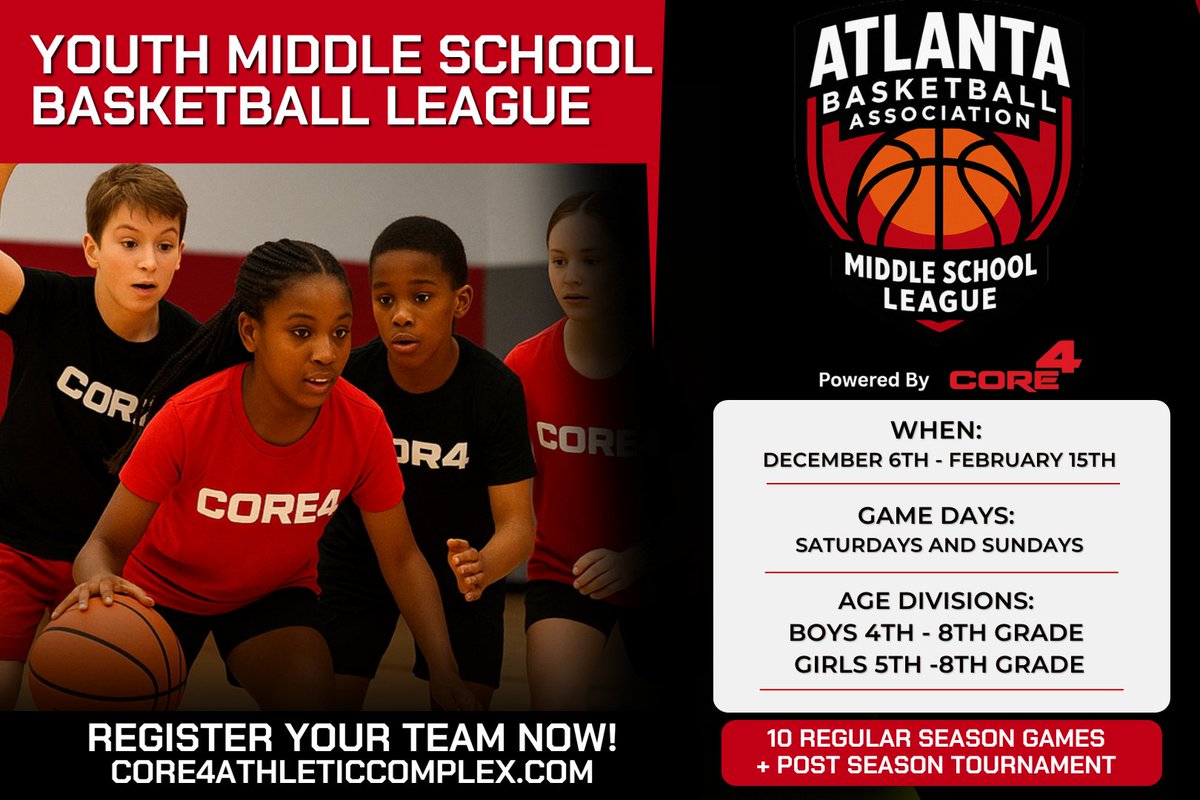 🏀 Middle School Hoopers! It’s Your Time!
The Atlanta Basketball Association Middle School League, tips off December 6th – February 15th!

Don’t miss your chance to compete, grow, and have fun on the court. Register your team today at the link in our bio!

#CORE4 #YouthBasketball
