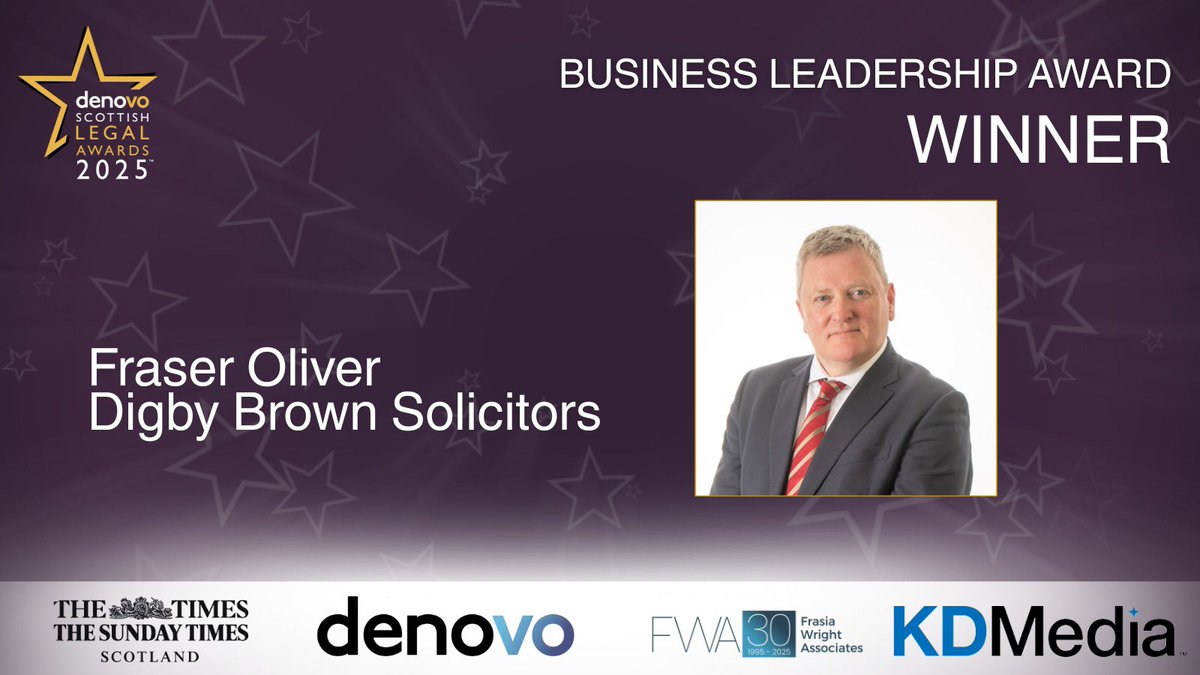 LegalAwards's tweet photo. Celebrating Fraser Oliver, Digby Brown Solicitors – winner of the Business Leadership Award,

#ScottishLegalAwards #LegalExcellence https://t.co/5qcKcxr93D