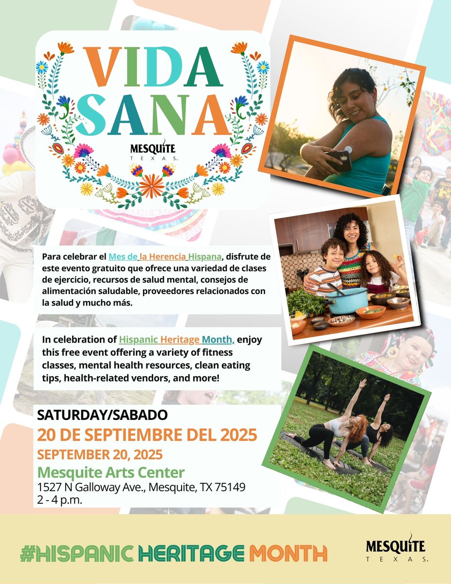 Join us for Vida Sana from 2-4 p.m. on Sept. 20 at the Mesquite Arts Center. This free health fair geared toward the Hispanic community will offer a variety of fitness classes, healthy living education classes. Learn more at www.ci/?utm_medium=so… tyofmesquite.com/vidasana?utm_m…