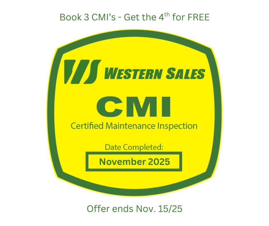 With about half the crop in the bin, it's time to start thinking about end-of-season tasks. Add booking CMI's to your list and save - Book 3 and the 4th is on us.

Contact your service department to save your spot, today!
🌐westernsales.ca/contact-us

#OneWestern #Harvest2025