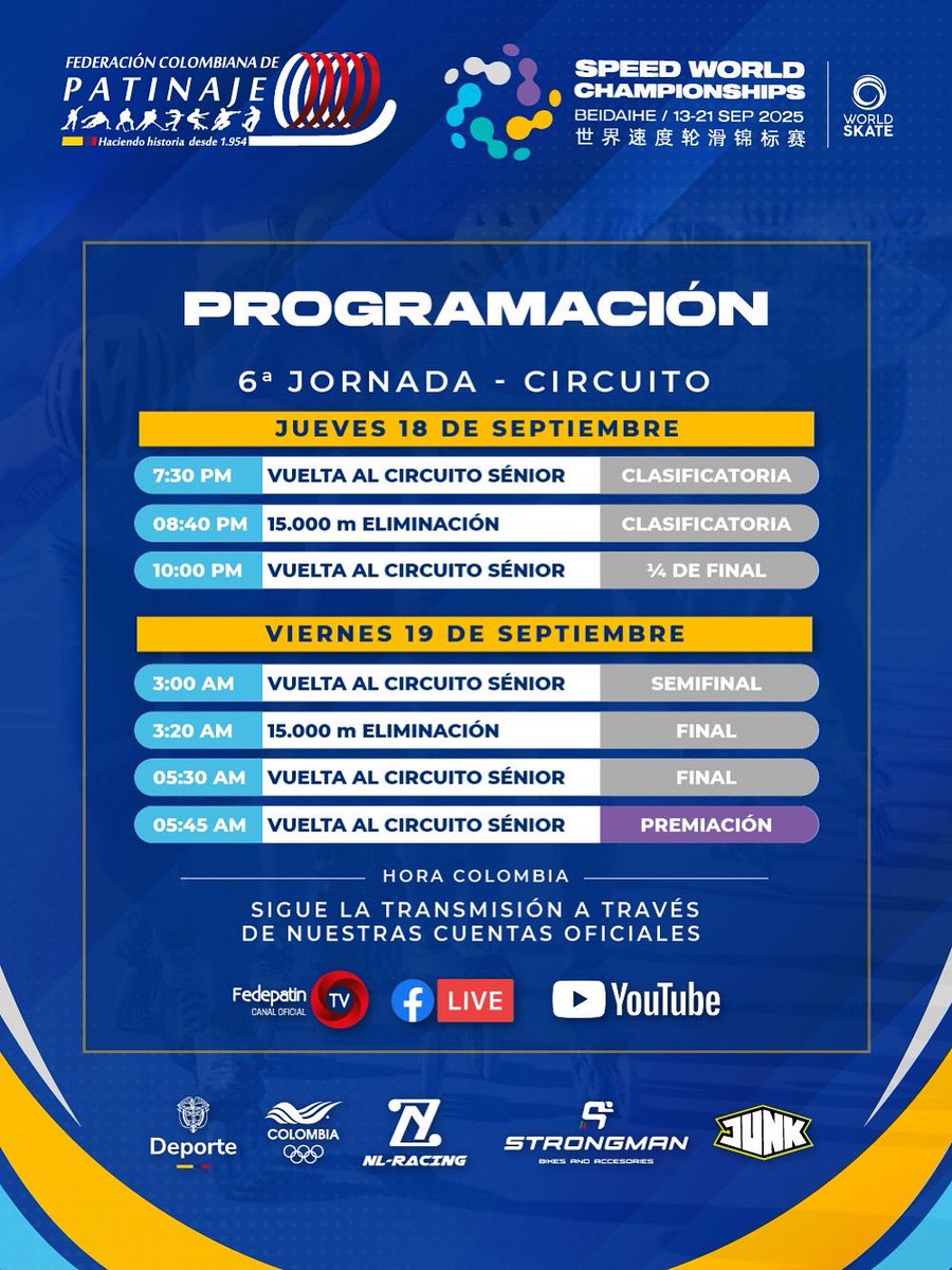 ✅Todo listo para la sexta jornada del #MundialEnChina 🌏 

La selección Colombia de patinaje de velocidad busca ampliar la diferencia en la tabla de medallas con las pruebas de la Vuelta al circuito y los 15.000 m Eliminación 🥇🥈🥉

Todos los eventos con horario de #Colombia 🕚