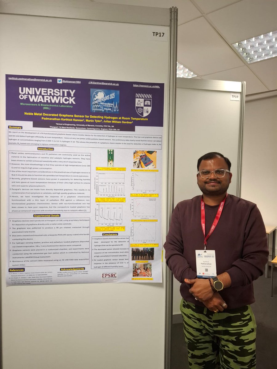 pkkannan1984's tweet photo. Attended #Eurosensors2025 in Wroclaw 🇵🇱 and had the chance to present my two research works: RT toluene sensor (oral) &amp; RT hydrogen sensor (poster). Special thanks to @Paragraf_Gr, Julian &amp; @TawfiqueHasan 🙌 for this opportunity. #DIVINEPROJECT #UKRI_News #EPSRC https://t.co/1vsHroVGKv