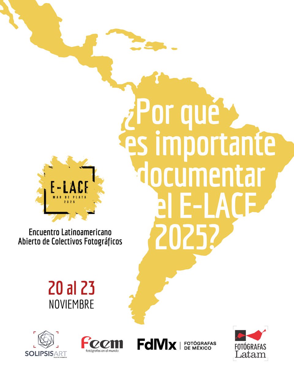 ¿Por qué es clave documentar el #ELACF2025 📸?

El 1er. Encuentro en Mar del Plata (20–23 nov) será memoria colectiva, redes más fuertes y aprendizajes compartidos que marcarán la ruta de la fotografía colectiva latinoamericana.

#FotografíaLatinoamericana #EncuentroDeColectivos