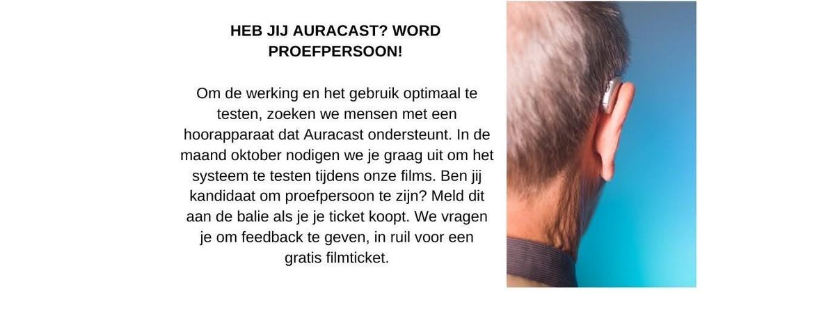 DovenactieH's tweet image. In CC Scharpoord hebben ze sinds kort Auracast geïnstalleerd. Dit is een gehoorondersteuningssysteem voor mensen met een hooraparaat. Nu doen zij in oktober een actie voor mensen die een auracast-compatibel hooraparaat hebben om op maandag gratis naar de film te komen: