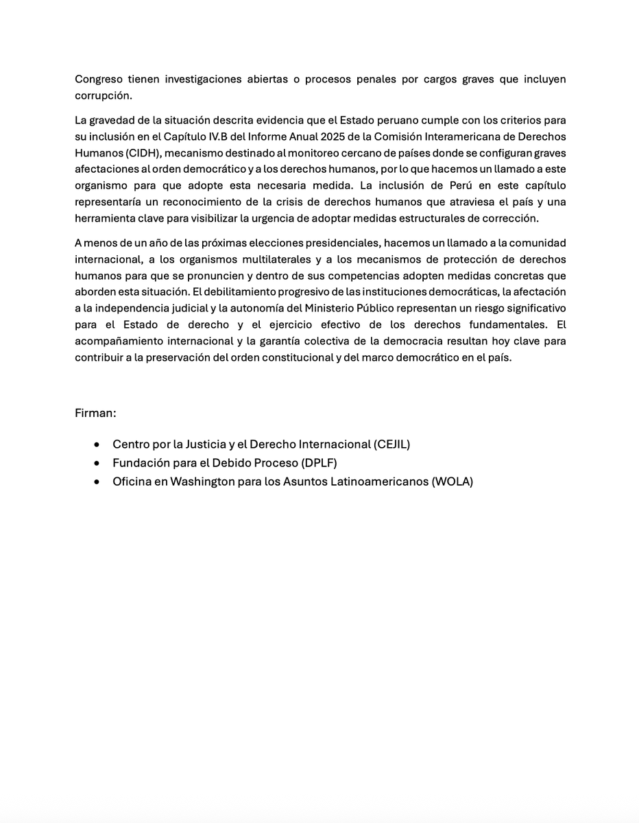 🇵🇪 La criminalización del sistema de justicia en #Perú exige acción internacional urgente. Junto a <a href="/cejil/">CEJIL</a> y <a href="/WOLA_org/">WOLA</a> alertamos sobre los crecientes ataques contra la #IndependenciaJudicial y las consecuencias irreversibles que tendría su consumación.

📄 dplf.org/peru-criminali…