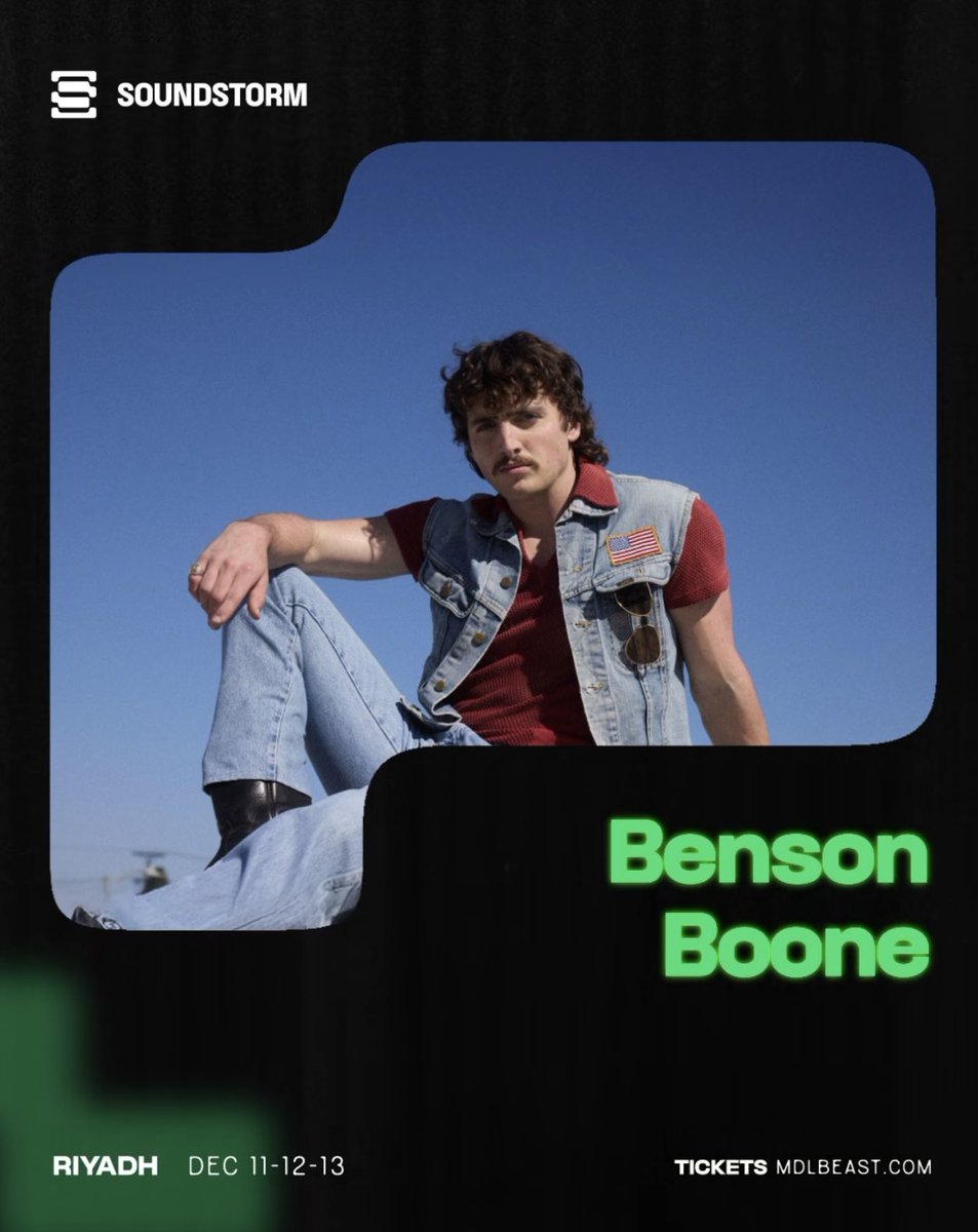 📅 Benson Boone foi confirmado no Soundstorm Music Festival, que acontece em Riade, na Arábia Saudita, nos dias 11, 12 e 13 de dezembro deste ano.
