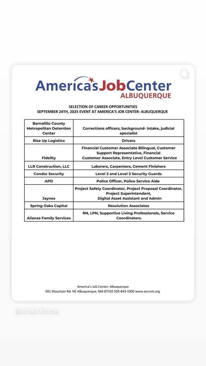 The Albuquerque America's Job Center is having an Employer Connection Hiring Event on Wednesday, September 24th from 9 AM to 12 PM.

Make sure to bring multiple copies of your resume and prepare to meet with at least 15 different New Mexico employers from top companies.