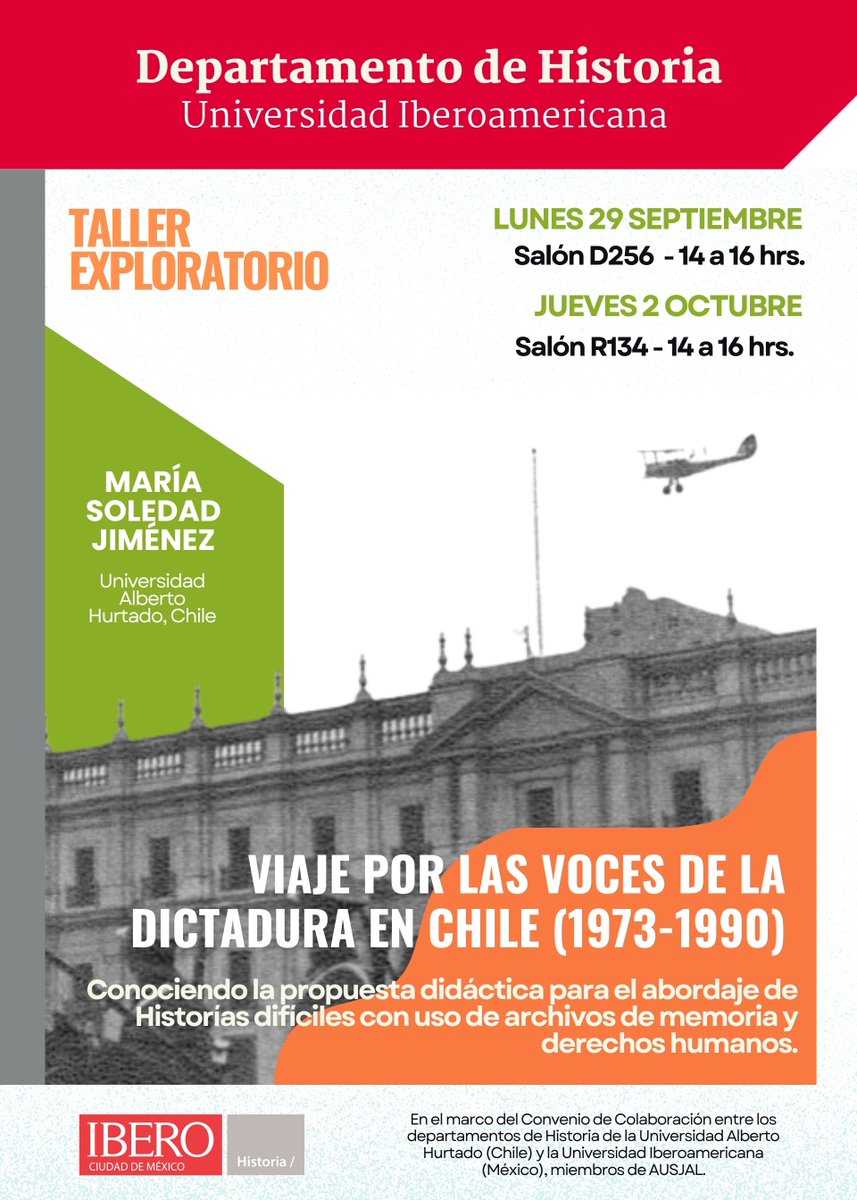 No te pierdas estos dos eventos para reflexionar sobre cómo se enseñan las historias difíciles en el contexto Chileno 🇨🇱. 

Conferencia: 20/09 - 13 hrs.
Talleres: 29/09 y 02/10 – 14 a 16hrs.

Con la Dra. María Soledad Jiménez (U. Alberto Hurtado, Chile).  

#IberoHistoria