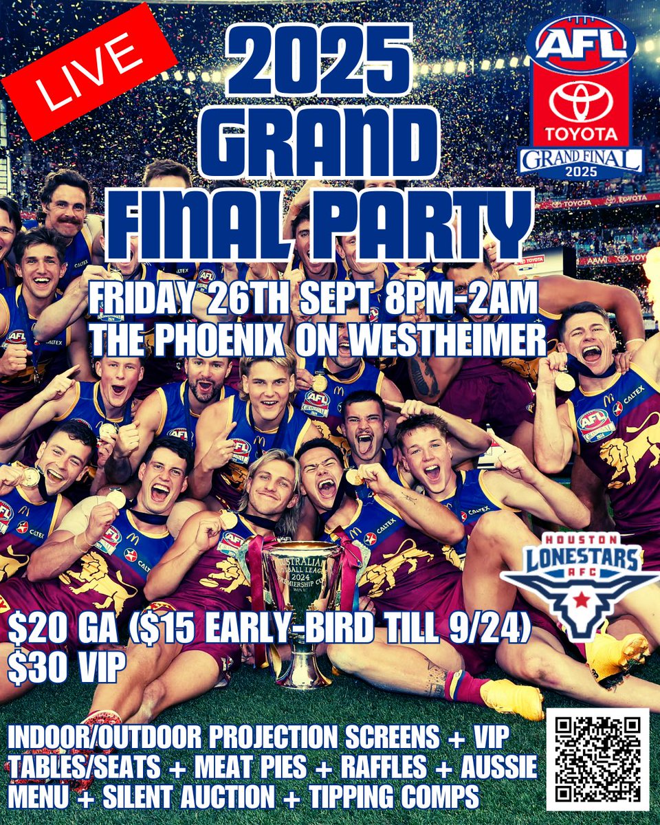 Houston’s AFL Grand Final Party tickets are now on sale! Early-bird until Wed 9/24. VIP tables and seats available! 

zeffy.com/en-US/ticketin…

#afl #grandfinalparty #houstonsports #aussiesinusa #aussiesintx