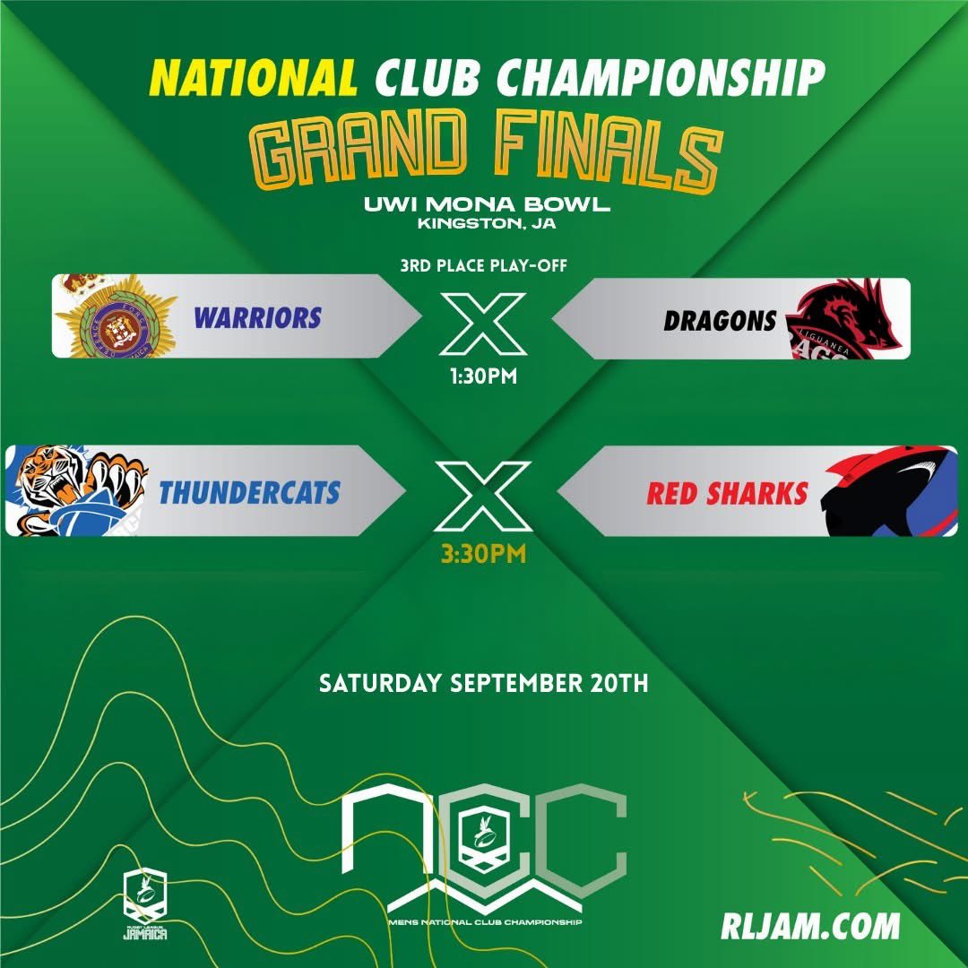 Men's NCC Grand Finals is this Sat. at 3:30pm at the UWI Mona Bowl.

Who will take the 19th Championships? Will RedSharks take their 11th title in their 16th final or will the ThunderCats, in their first go, break the Sharks current winning streak?  

3rd place: Dragons vs JDF