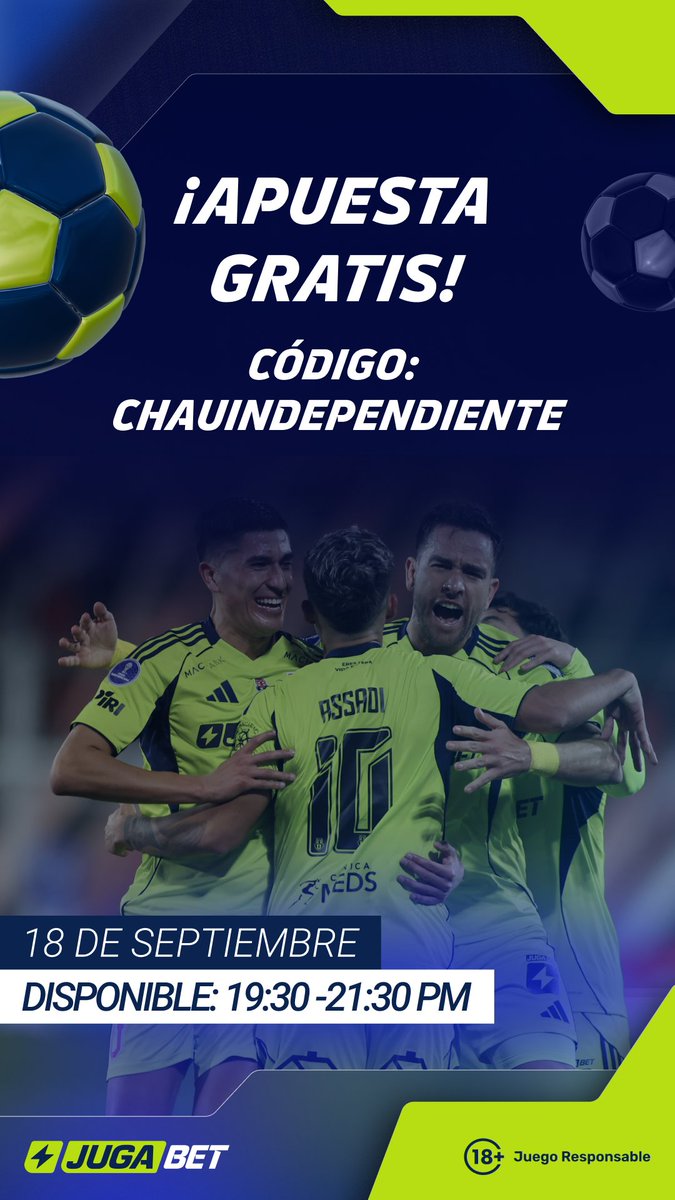 🇨🇱⚽ ¡HOY JUEGA EL ROMÁNTICO VIAJERO Y TENEMOS FREEEEEBET! 🏆

🎁 Código: CHAUINDEPENDIENTE
⏳ Disponible SOLO de 19:30 a 21:30 hrs

📲 Actívalo en #JugaBet y súmate a unas Fiestas Patrias más azules que nunca.

⚠️ Requiere un depósito en los últimos 30 días.
👉 ¿Aún no