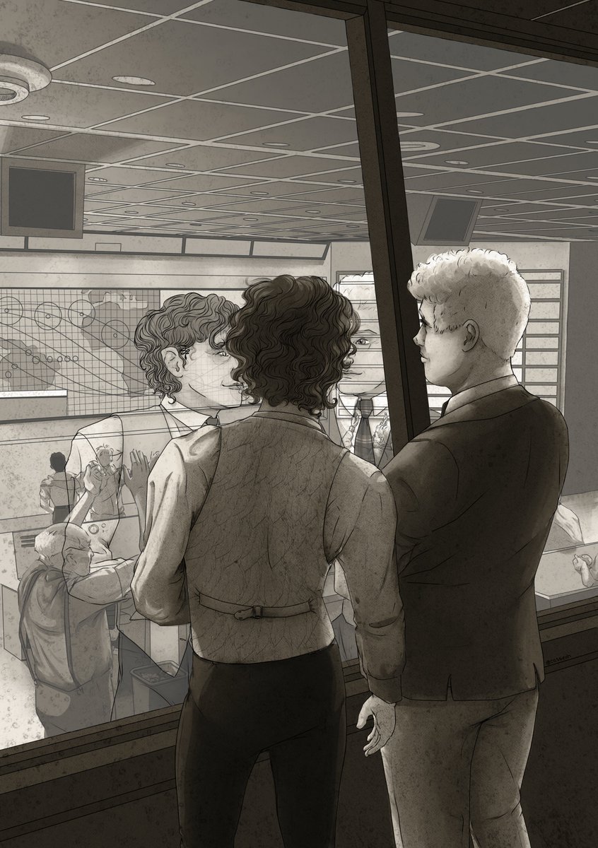 My piece for the <a href="/ineffablygrey/">Ineffably Grey: A Good Omens Zine 🥂</a> zine! I worked with <a href="/ThatFiendd/">ThatFiendd</a> who wrote an AMAZING 1960s space race fic (link below!) 

#ineffablehusbands #GoodOmensFanArt #aziracrow
