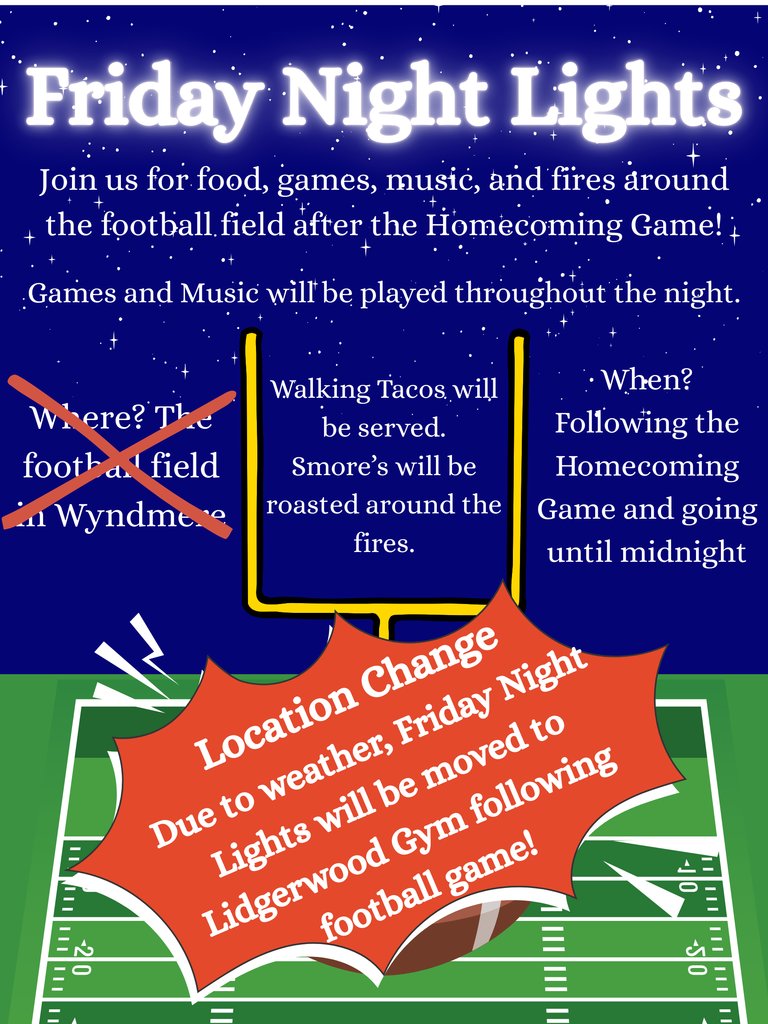 Change of plans: Friday Night Lights for Gr. 7-12 will now be held in the Lidgerwood Gym after the Homecoming football game.
