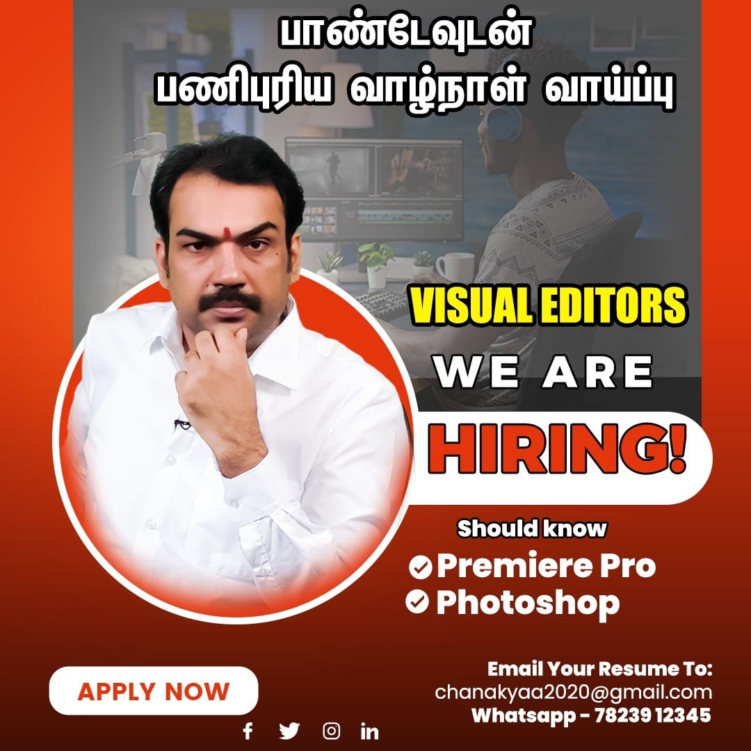 ChanakyaaTv's tweet image. WE ARE HIRING!
#visualeditors #RangarajPandey #Chanakyaa