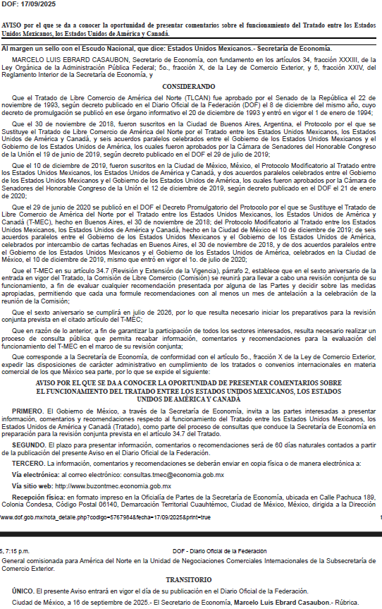JORGECADENAGZ's tweet photo. Ayer 17 de septiembre en el DOF se publicaron las bases para la revisión del T-MEC comercial en 2026, el proceso se plantea como un ejercicio abierto y digital en el que la ciudadanía y los sectores productivos podrán enviar comentarios y propuestas del tratado. https://t.co/xMQtspqa5B