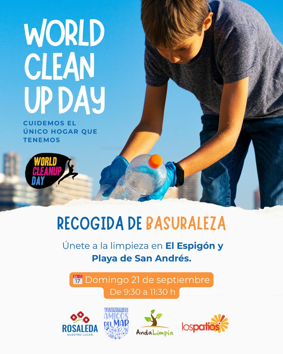 AndaLimpia's tweet image. Todo preparado para nuestra limpieza de este domingo 21 de Septiembre por el Día Mundial de la limpieza ( World Cleanup Day 2025)
Os recordamos que nos veremos en el Espigón de la Playa de San Andrés a las 9:30 y estaremos hasta las 11:30 de la mañana.

¡ Te esperamos !