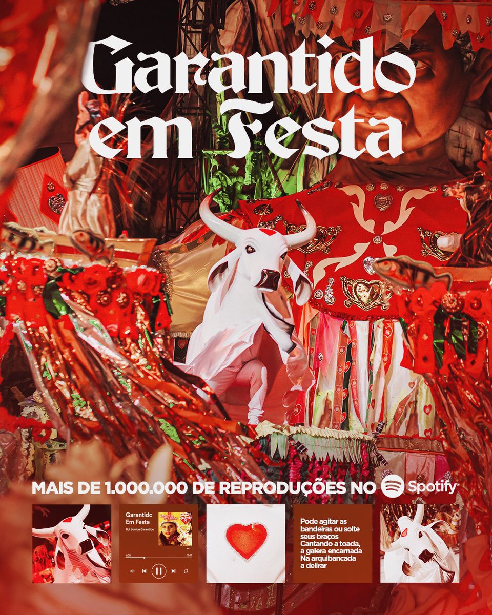 garantido's tweet image. ATENÇÃO, GALERA VERMELHA E BRANCA….♥️🐮📈
Nossa toada “GARANTIDO EM FESTA”, que abre o nosso histórico álbum de 1997 “Parintins Para o Mundo Ver”, alcançou 1 MILHÃO de reproduções no Spotify!