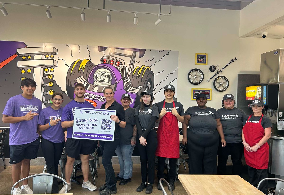 SFASU's tweet image. We're so grateful to our local businesses and the many Lumberjacks who help make #SFAGivingDay a success. Thank you! 💜🤍 

There's still time to donate! Give at gosfa.com/givingday. #JacksGiveBack #AxeEm