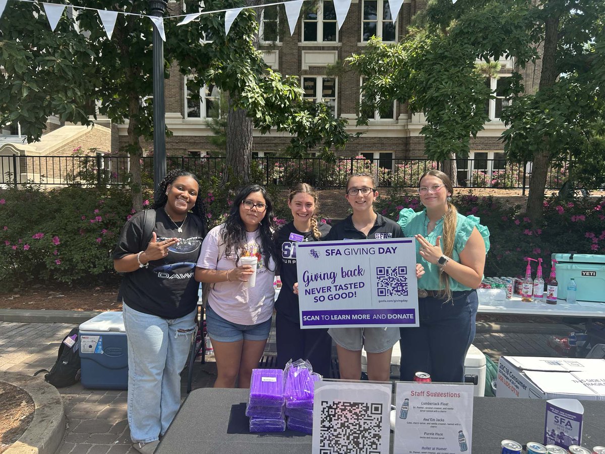 SFASU's tweet image. We're so grateful to our local businesses and the many Lumberjacks who help make #SFAGivingDay a success. Thank you! 💜🤍 

There's still time to donate! Give at gosfa.com/givingday. #JacksGiveBack #AxeEm