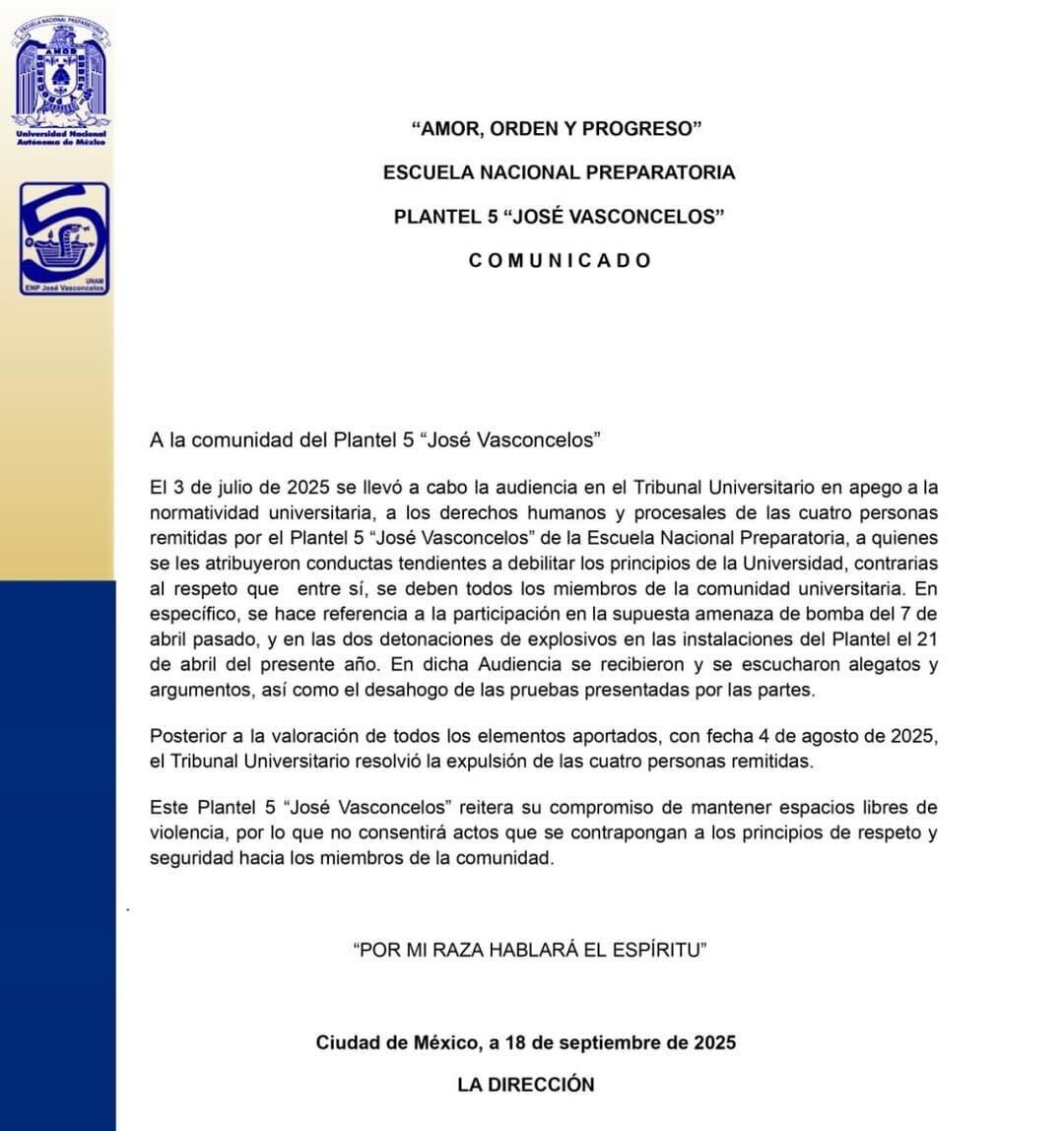 AztecaNoticias's tweet image. Cuatro estudiantes de la Prepa 5 de la #UNAM fueron expulsados luego de que se comprobara su participación en la supuesta amenaza de #bomba en el plantel, el 7 de abril pasado, cuando la #policía encontró un falso artefacto #explosivo

Según el Tribunal Universitario, estos…