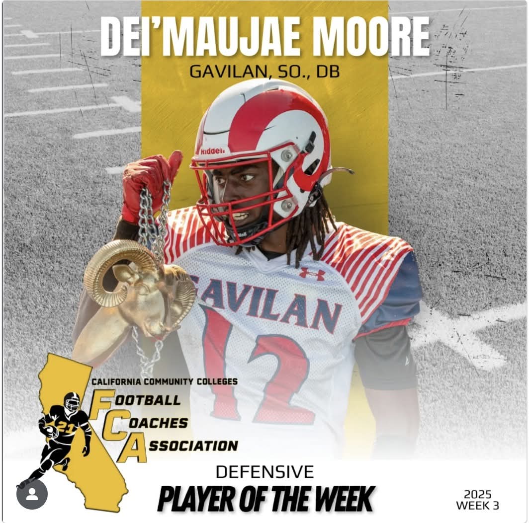 A huge shoutout to Dei'Maujae Moore, our Week 3 CCCFCA State Defensive Player of the Week, who's leading the charge towards viory! With two game-changing interceptions and a few clutch pass breakups, Moore's determination and skill paved the way for Gavilan's win over Contra