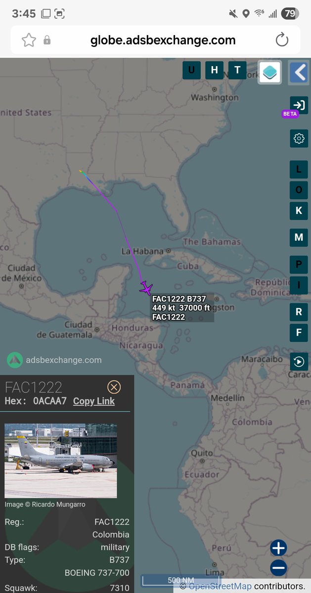 Borrowed7Time's tweet photo. Colombian AF B737-732 FAC1222 #0ACAA7 returning to Bogota from Alexandria LA on a deportation flight. 
@sipjack1776 @TheIntelFrog @SA_Defensa @LatAmMilMVMTs @toystark6886 @LadyAstroJet https://t.co/1U2c6YI9As