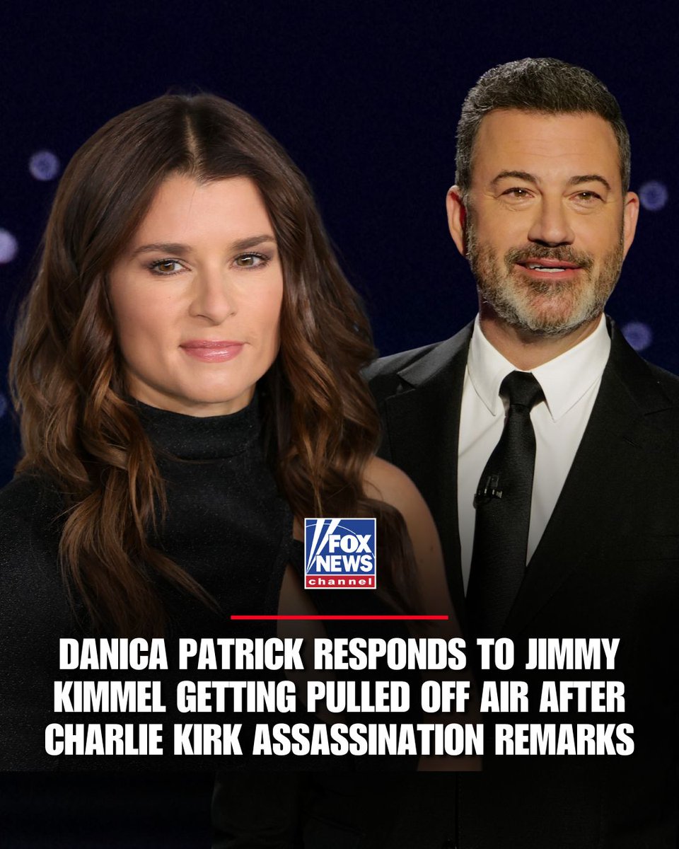 FoxNews's tweet photo. 'THANK GOD': @DanicaPatrick reacted after Jimmy Kimmel was pulled from ABC airwaves for his recent comments about Charlie Kirk's assassination. https://t.co/15qhtZeC7A