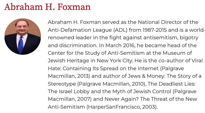 DarkDoncic's tweet photo. The guy @jonharris1989 brought on to discuss antisemitism works for The Institute for the Study of Global Antisemitism.

On the Board of Directors is Abraham H. Foxman former head of the ADL from 1987-2015.

How does anyone take him seriously on the Right? https://t.co/6j2g7rTFOk