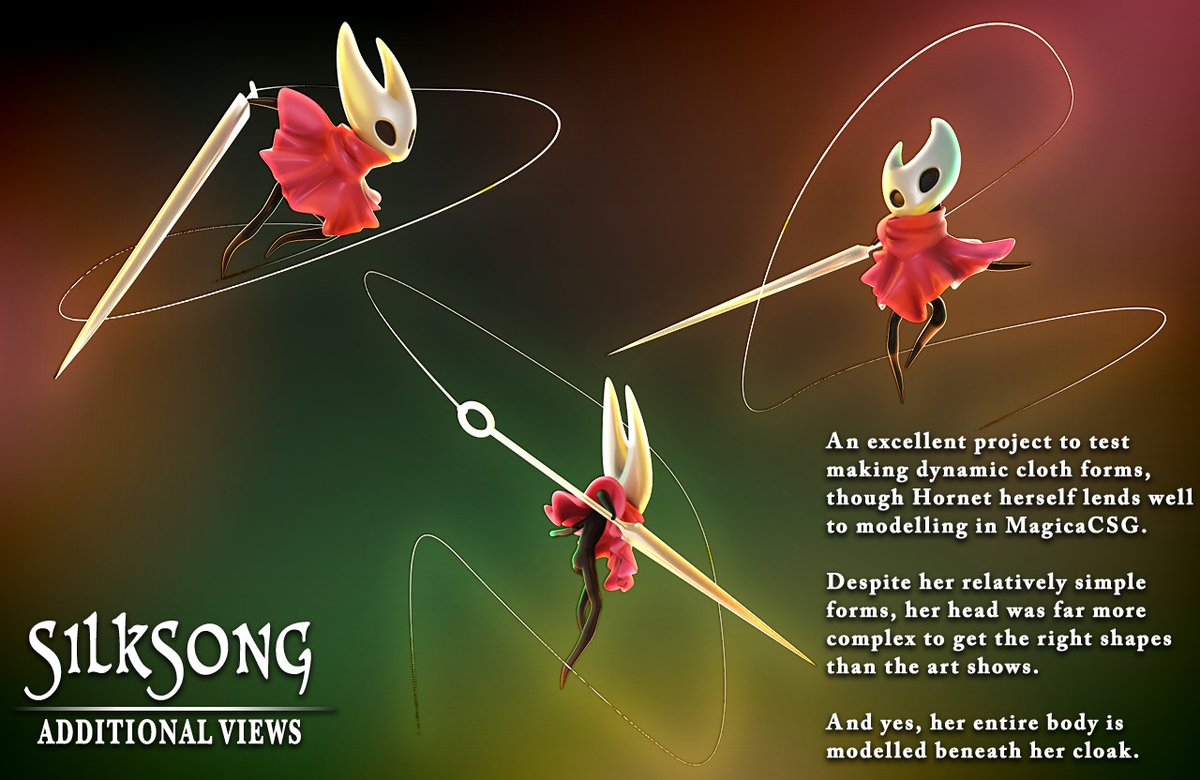 Hornet was surprisingly challenging for such a simple character, with so much of her personality being in her dynamic poses and cloak movement.
Hopefully her diving pose doesn't bring back too much PTSD for people.
#Silksong #Hollowknight #3D #art #MagicaCSG