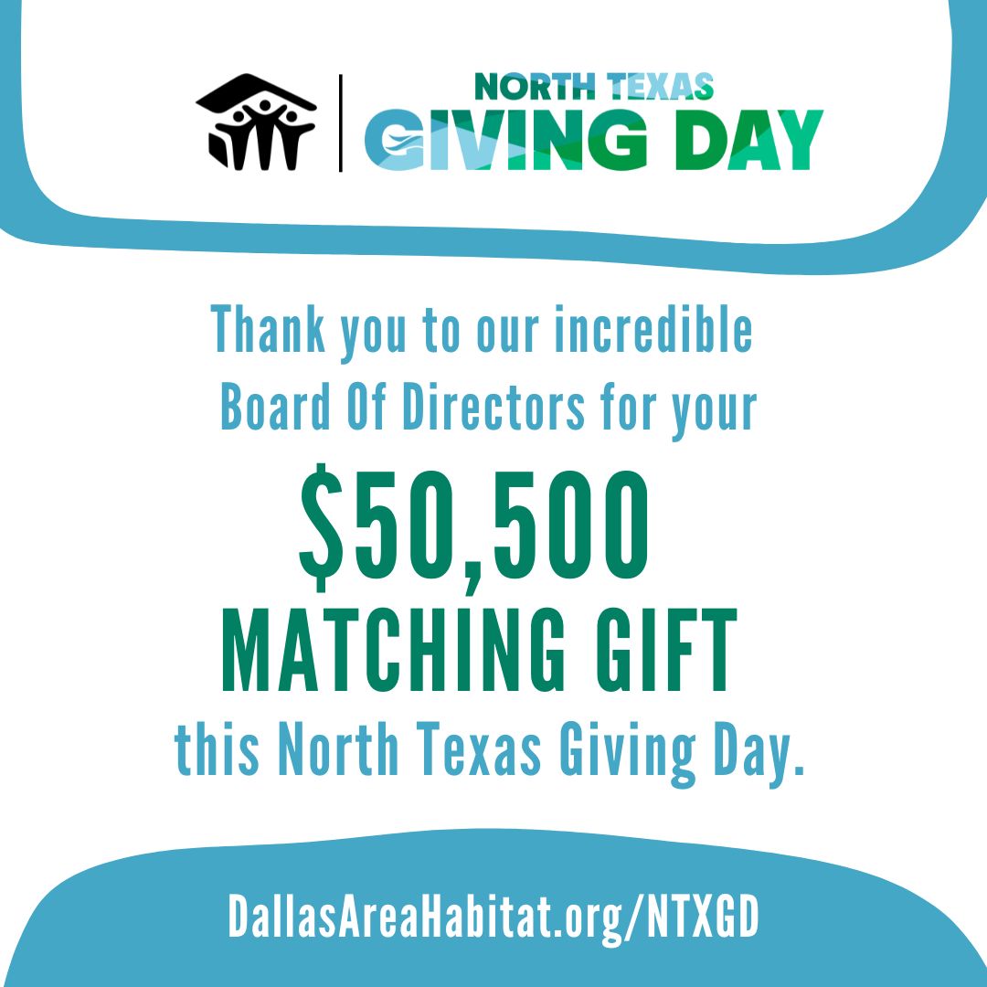 DallasHabitat's tweet image. Thank you to our Board for a $50,500 match this #NTXGD! Your generosity + our supporters’ gifts mean more walls raised, more families served &amp;amp; more hope built. See progress &amp;amp; give: DallasAreaHabitat.org/NTXGD #HopeToHomeownership #GiveLocal