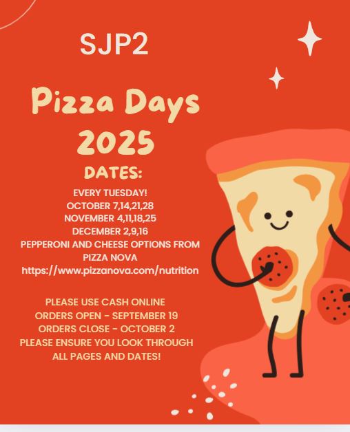 Pizza Days are starting October 7th! This year Pizza will take place on Tuesdays. 

Ordering begins this Friday on School Cash Online. Ordering Ends October 2nd!

Please remember to order on both pages as you may miss some pizza days if you forget to check page 2.