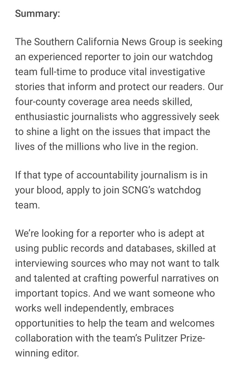 Are you a reporter who thrives on watchdog journalism? Check out this great role with the <a href="/SoCalNewsGroup/">So Cal News Group</a> and consider applying. myworkdaycenter.wd5.myworkdayjobs.com/en-US/MNG/job/… #journalismjobs