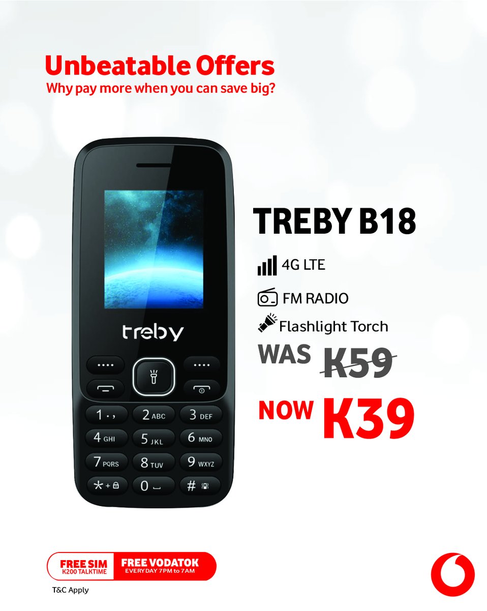 Vodafone_PNG's tweet image. 📱 Treby B18 – Durable &amp;amp; Affordable. Only from Vodafone✨

Get the Treby B18 4G Button Phone for just K39 &amp;amp; connect every day a FREE Vodafone SIM loaded with K200 TalkTime.

📲 Available now at any Vodafone Shop, Roadshow, or Authorised Dealer.

#TrebyB18 #ButtonPhone