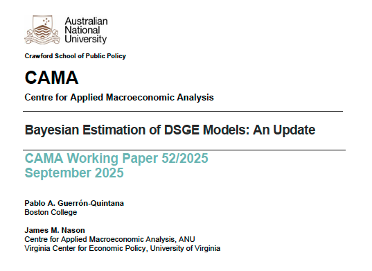 CAMacroAnalysis's tweet image. 📘 CAMA WP 52/2025 (by @pablo_guerron and James Nason) surveys Bayesian methods for estimating DSGE models, with a focus on NKDSGE models. #Macroeconomics #DSGE #bayesianash

Read here: bit.ly/46ukB71

@ANUCrawford @BostonCollege