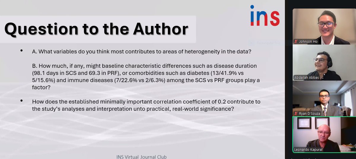 Abdallah Abbas (@abdallah_abbas3) on Twitter photo Honored to have our work “From Short-Term Relief to Long-Term Management: A Meta-Analysis of Temporary SCS & PRF in Postherpetic Neuralgia” discussed at the <a href="/IntlNeuromod/">International Neuromodulation Society</a> Journal Club 🔥
Thanks to Dr. Johnson Ho for the presentation, Prof. <a href="/LKapural/">Leonardo Kapural MD PhD</a> for support & all moderators! Honored to have our work “From Short-Term Relief to Long-Term Management: A Meta-Analysis of Temporary SCS & PRF in Postherpetic Neuralgia” discussed at the <a href="/IntlNeuromod/">International Neuromodulation Society</a> Journal Club 🔥
Thanks to Dr. Johnson Ho for the presentation, Prof. <a href="/LKapural/">Leonardo Kapural MD PhD</a> for support & all moderators!