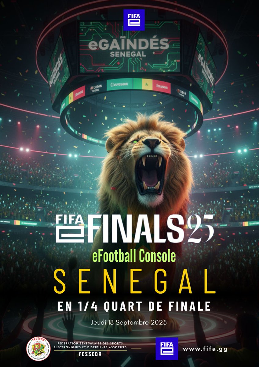 FESSEDA_Esports's tweet photo. ✨🇸🇳 LE SÉNÉGAL ÉCRIT L'HISTOIRE À LA FIFAe WORLD CUP 2025 !🌍
🦁 NOS eGAÏNDÉS ENQUARTS DE FINALE ET LEADERS DU GROUPE B !🏆
@Khadydienegaye
@HadyJuve @mmd9th
@FIFAe @Miad6385
#SénégalEsport #FESSEDA #FIFAe #eGaïndés #Qualifiés #QuartsDeFinale #FIFAeWorldCup2025 #AllezLe🇸🇳 https://t.co/rRtTMThnSA