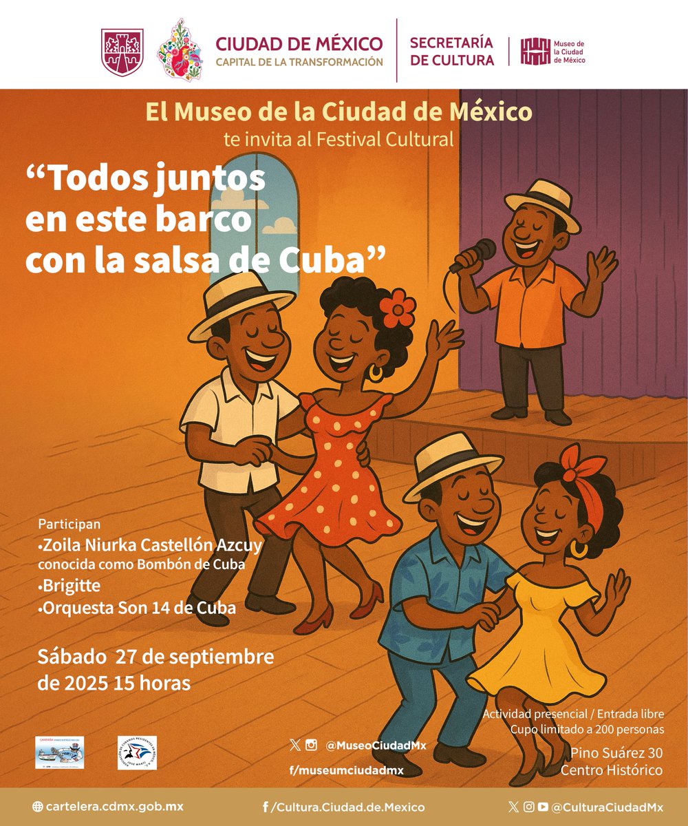 #Festival | ¡El sabor de Cuba está en el
aire! Ven a disfrutar de la cultura cubana con Bombón
de Cuba, Brigitte y la Orquesta Son 14 de Cuba.

ENTRADA LIBRE SIN REGISTRO

📅 Sábado 27 de septiembre, 15H
Cupo 200 personas
#FestivalCultural #Cuba #salsa