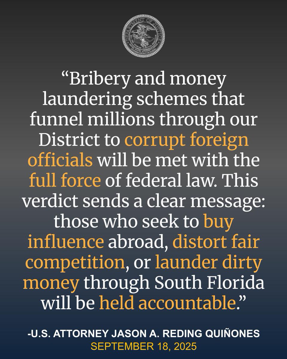 CEO of Georgia Company Convicted in International Bribery and Money Laundering Scheme
🔗justice.gov/usao-sdfl/pr/c…

<a href="/HSI_Miami/">HSI Miami</a>
<a href="/TheJusticeDept/">U.S. Department of Justice</a>