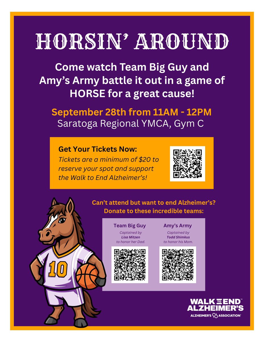 This is real simple. Make at least a $25 donation to Amy’s Army. Everyone that does is eligible to play or to sponsor someone to play in our HORSE basketball match vs Team Big Guy on Sunday, September 28, 11 am - 12 noon at Saratoga YMCA. 

act.alz.org/site/TR/Walk20…