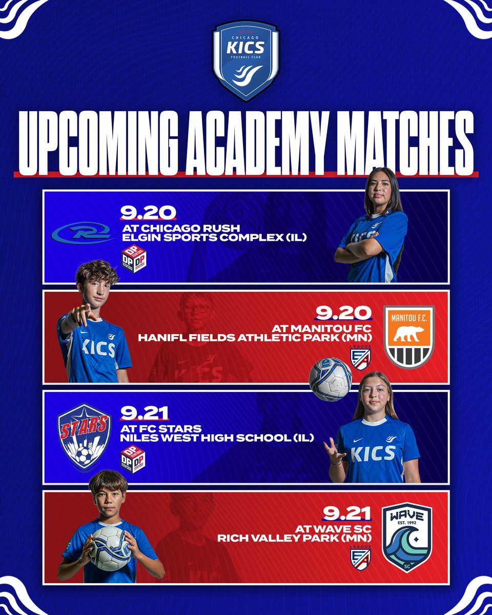 Academy action begins this weekend! 

Our Girls Academy kicks off their DPL season against Chicago Rush and FC Stars, while our Boys Academy heads to Minnesota to open their EA campaign vs. Manitou FC and Wave SC. Best of luck to all our Academy teams as they start their seasons!