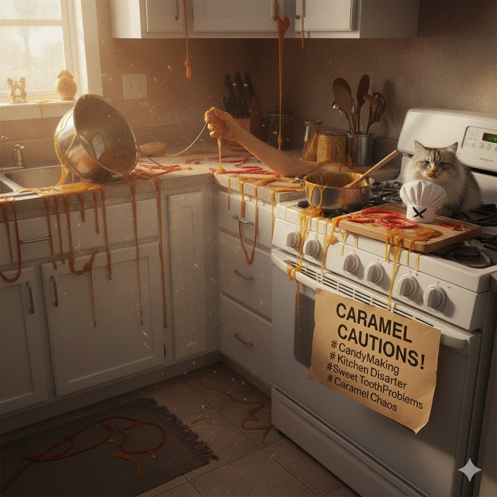 Candy__striped's tweet image. Just attempted to make a new batch of caramels and now my kitchen looks like a sticky crime scene. Send help (and maybe some more sugar)! 🍬🔪 #CandyMaking #KitchenDisaster #SweetToothProblems #CaramelChaos