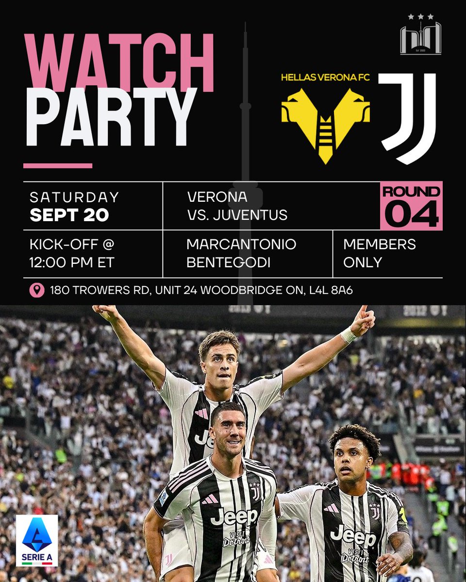 juveclubto's tweet photo. Saturday, we go again! See you for our Matchday 4 fixture against Verona!

📅 Saturday, September 20th
🕒 12:00 pm

Doors open at 11:00 am. See you then!

#Juventus #Juve #ForzaJuve #JOFC #JOFCToronto #SerieA https://t.co/xmvaAA99Va