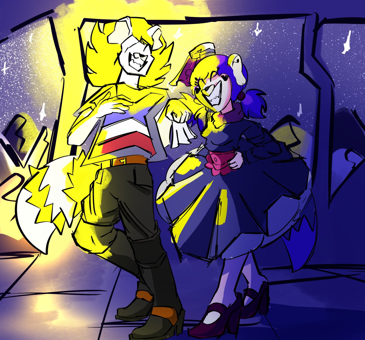 Dibujo para <a href="/annemaciones/">💙Annemarie1996 💙 🇨🇱 (C0MMS OPEN)</a> de su personaje irbina bailando con mi personaje lines en una cueca espacial, almenos es el unico ser que la podria aguantar XD