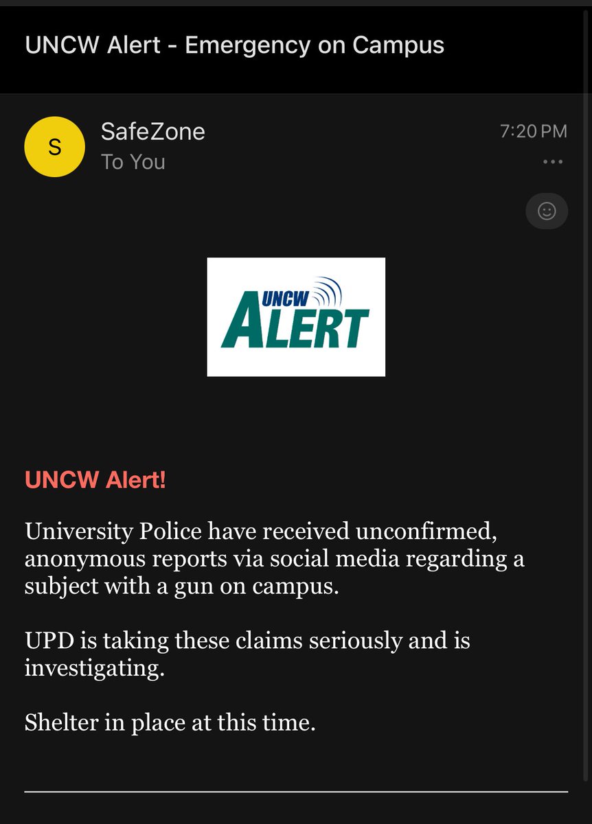 maetrixks's tweet photo. Possible active shooter at UNCW..

WHAT THE HELL IS HAPPENING. 

FIRST THE CHARLIE KIRK MEMORIAL VANDALIZED 

NOW WE HAVE ANONYMOUS TIPS COMING IN SAYING SOMEONES GOT A GUN. 

It’s really hard to focus on homework when you’re worried about a shooter being right outside your door. https://t.co/8pfxzIgYUW