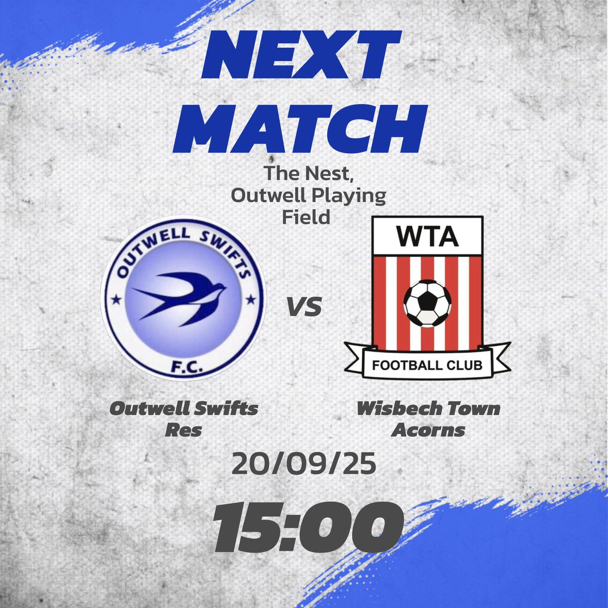 We finally get our season under way this weekend, with our first home game against Wisbech Town Acorns. 

The boys have had a good pre season and now it’s time to put all the hard work into practice!

Refreshments available so get down and support the boys!💙
