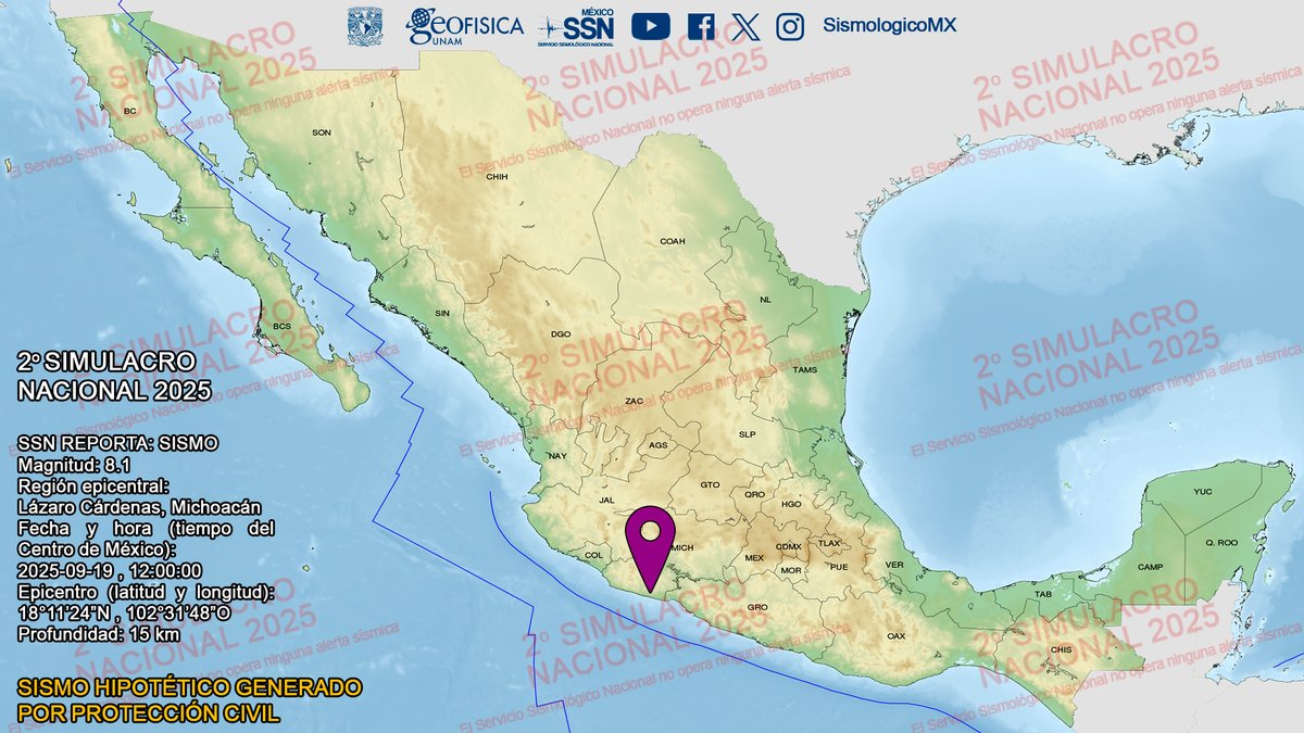 SismologicoMX's tweet image. SIMULACRO 2025 #SegundoSimulacroNacional2025
SISMO Magnitud 8.1 Loc Lázaro Cárdenas, Michoacán 19/09/25 12:00:00 Lat 18°11’24” N Lon 102°31’48” O Pf 15 km