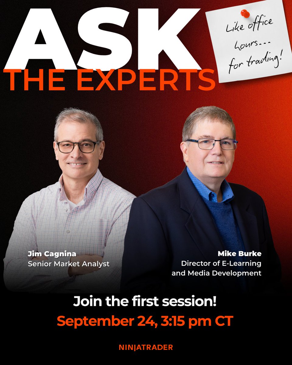 NinjaTrader's tweet photo. Got trading questions? Our pros have answers.

Join “Ask the Experts”—a three-part, 45-minute live series where our very own NinjaTrader experts Jim Cagnina and Mike Burke break down your questions in real time. We’re covering placing orders on the NinjaTrader Desktop—so you can trade smarter, faster. Save your spot: https://t.co/wTBHnFfFVC